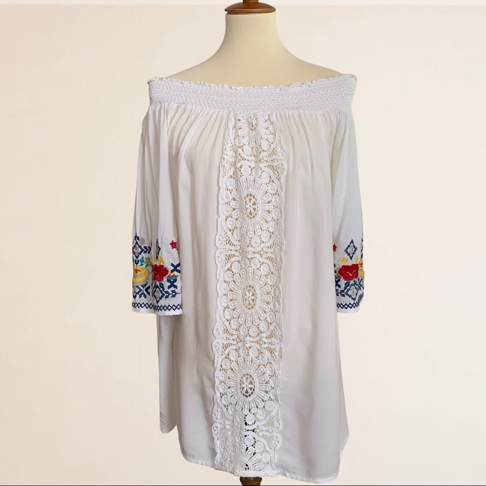 Blue Island Embroidered Boho Tunic Beach Cover-Up Lace Front